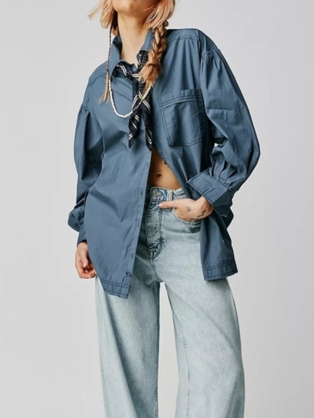 Free People Slate Blue Ohversized Button-Front Shirt Jacket